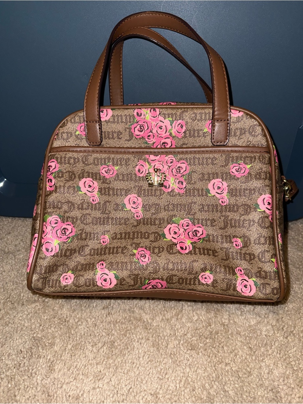 Juicy Couture Brown Satchel Bowler Bag with Pink Rose Print